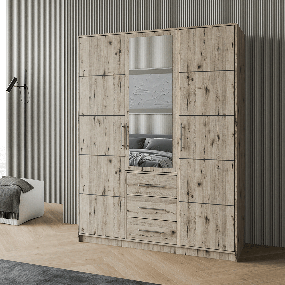 Oak Wellington Mirrored Hinged Door Wardrobe 149cm – HAMPTON D3