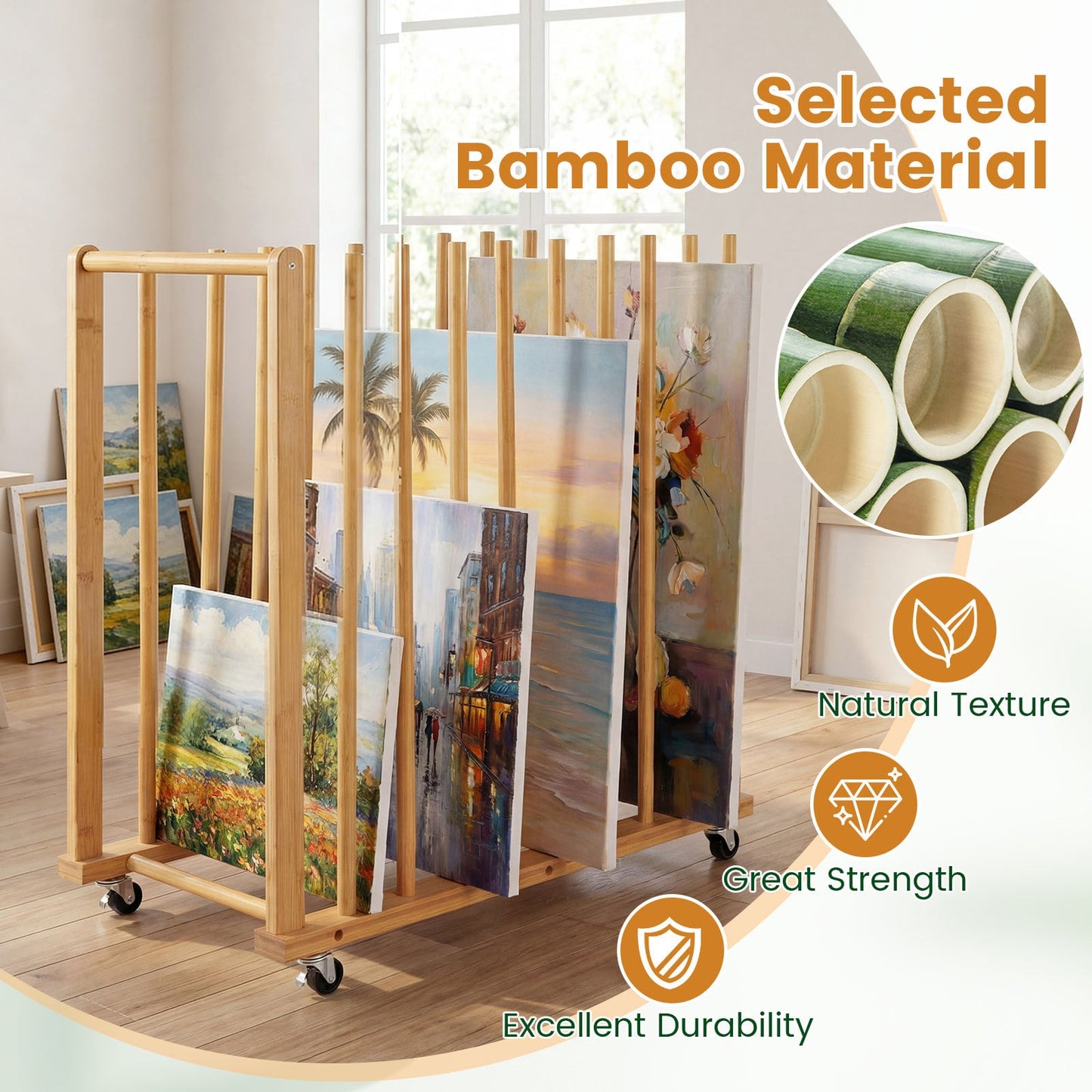 Bamboo Art Storage Rack with 4 Wheels and Side Handle for Canvases and Frames-Natural