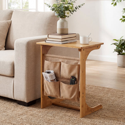 Bamboo Side Table C-Shaped Sofa End Table Laptop Desk-Natural