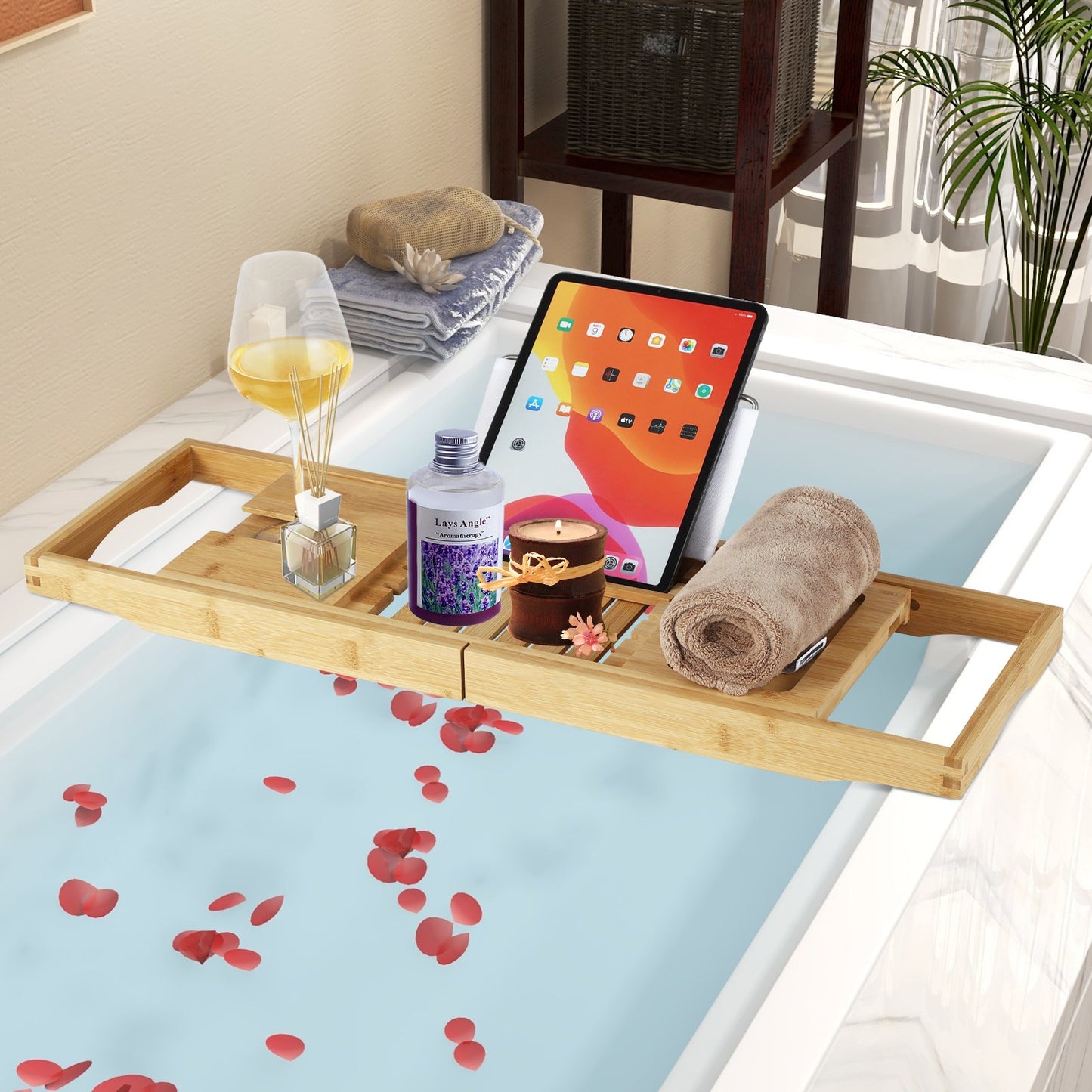 Bamboo Bathtub Caddy Tray with Adjustable Book Stand-Natural