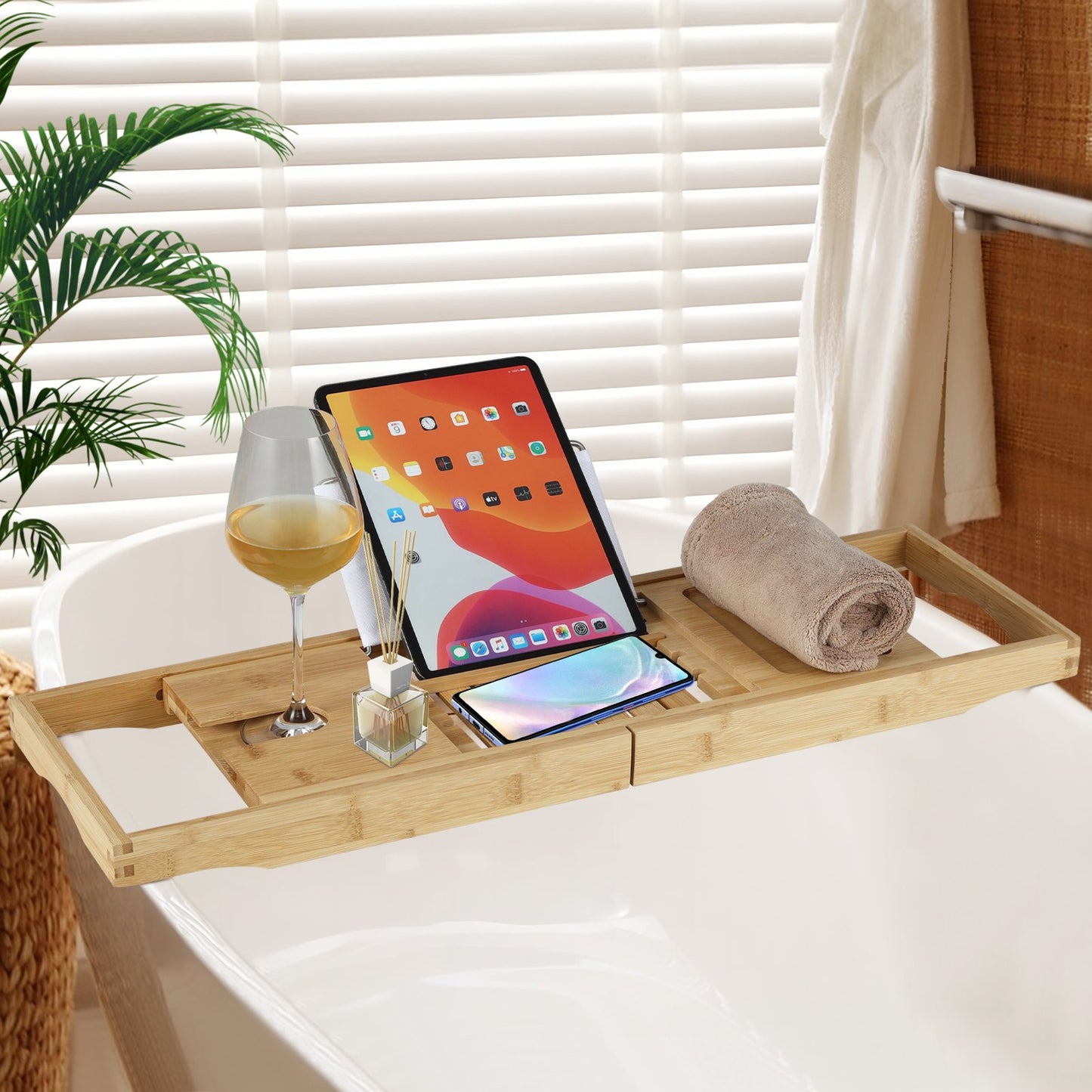 Bamboo Bathtub Caddy Tray with Adjustable Book Stand-Natural