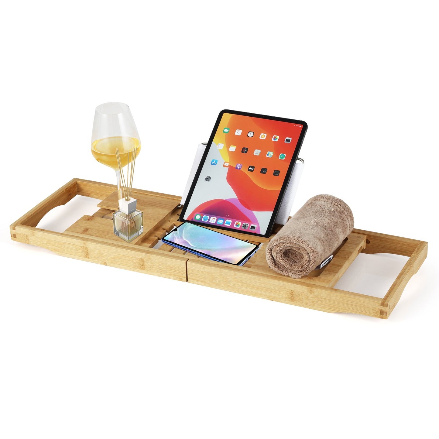 Bamboo Bathtub Caddy Tray with Adjustable Book Stand-Natural
