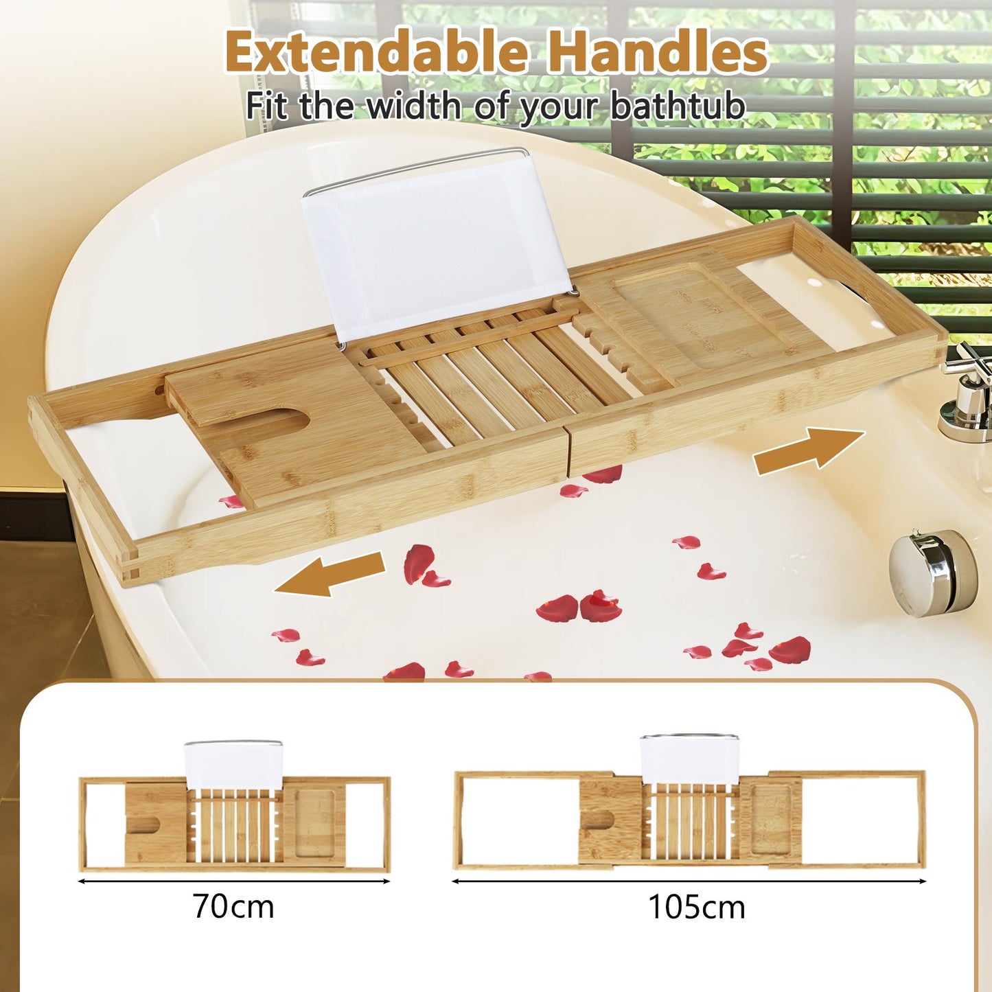 Bamboo Bathtub Caddy Tray with Adjustable Book Stand-Natural
