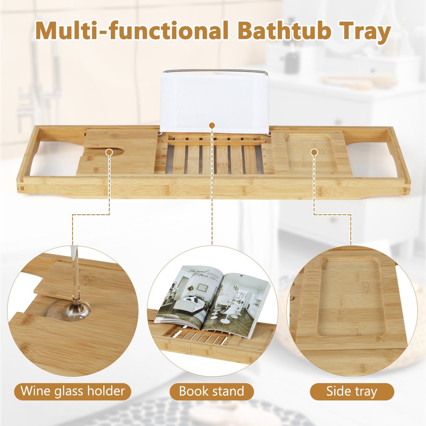 Bamboo Bathtub Caddy Tray with Adjustable Book Stand-Natural