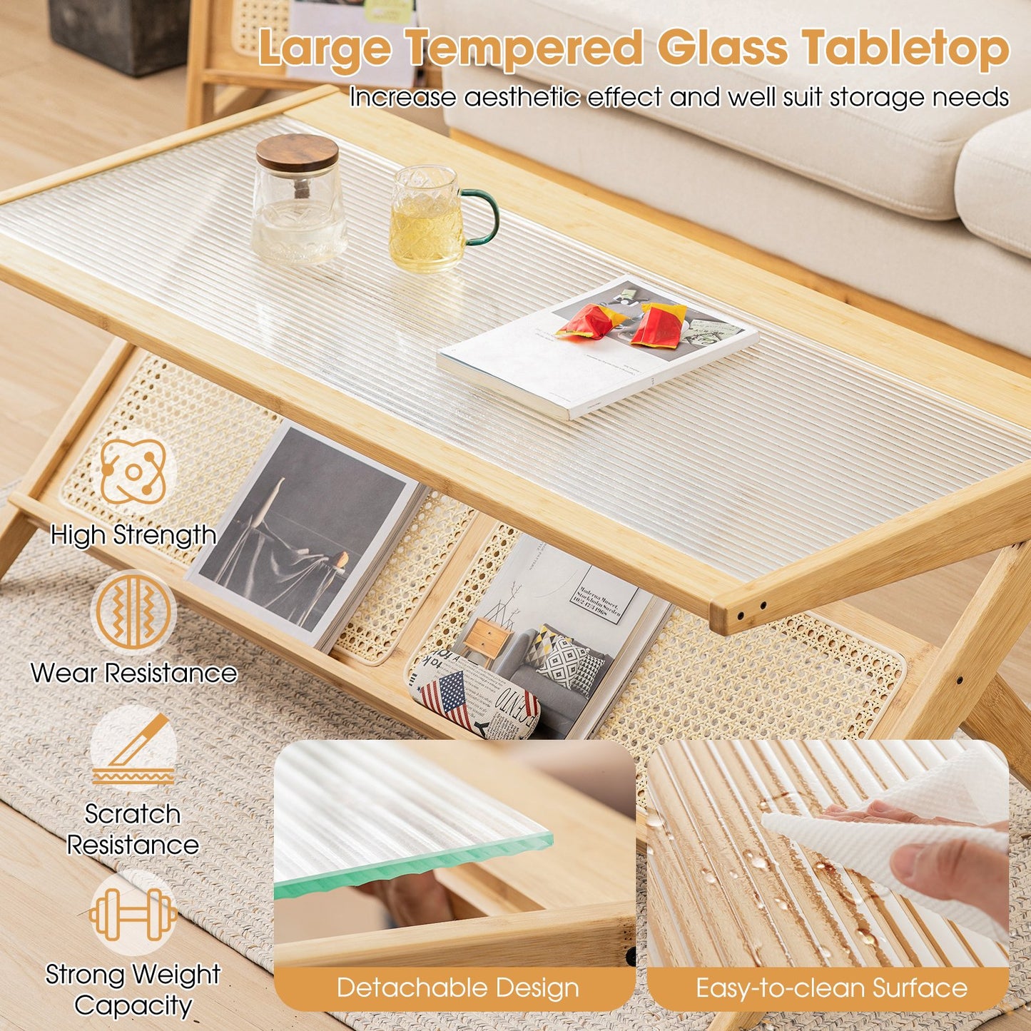 Bamboo Coffee Table with Glass Tabletop-Natural