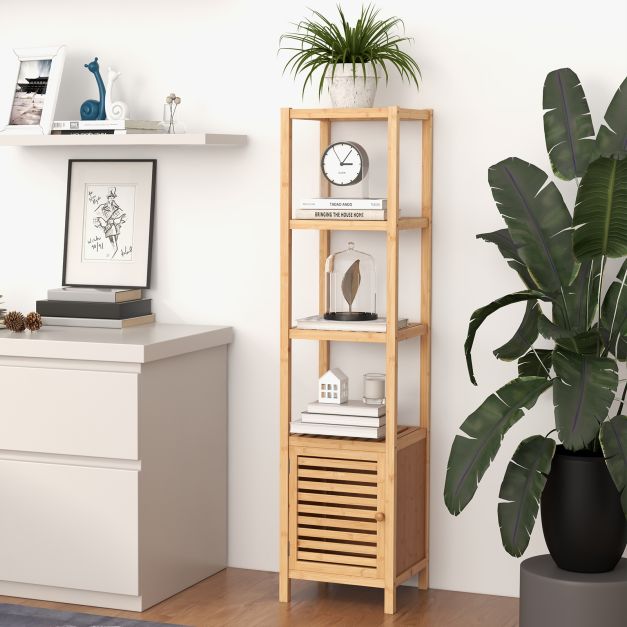 Bathroom shelf bamboo standing shelf with 4 levels of shelves and louvre door 34 x 33 x 140 cm natural