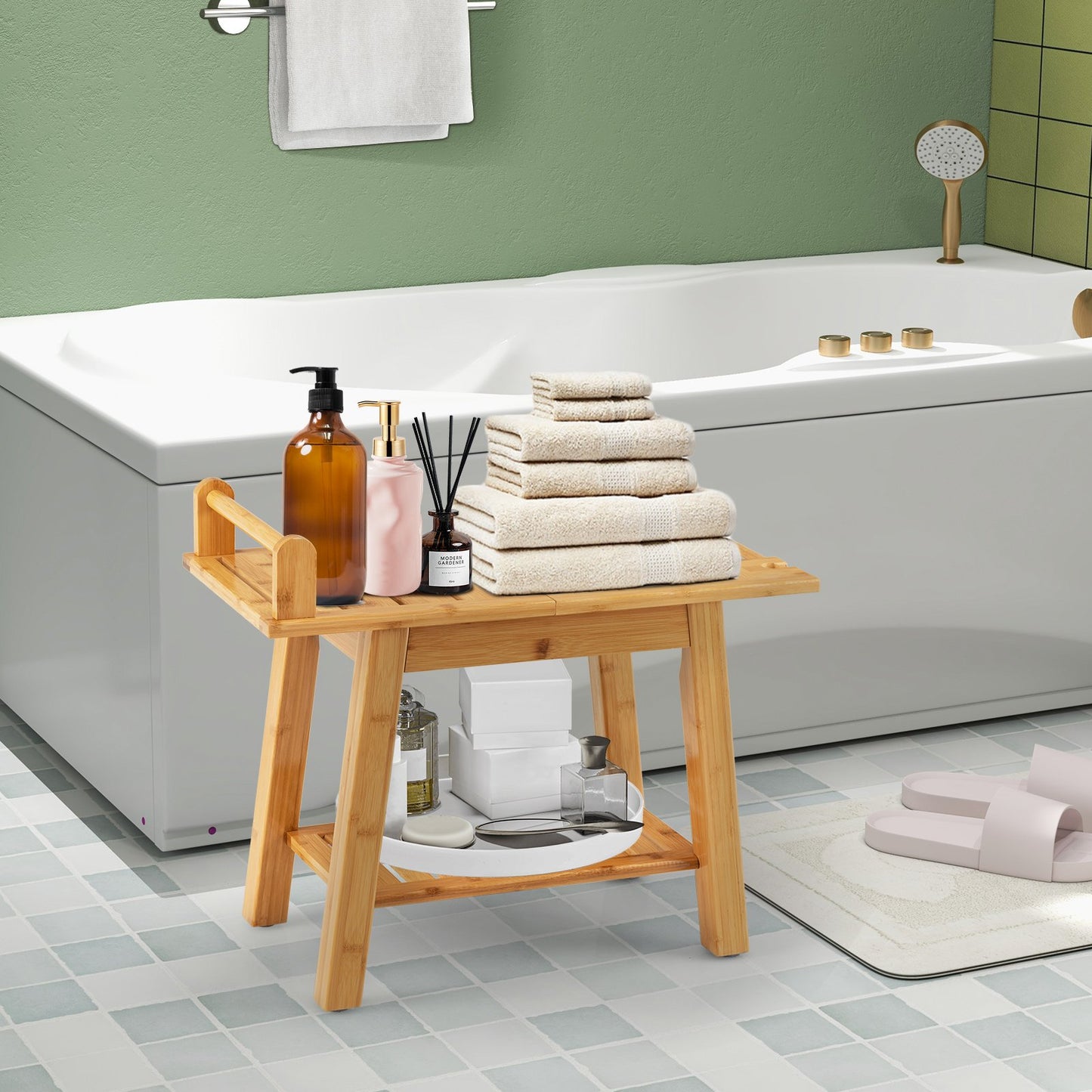 Bamboo Shower Bench with Storage Shelf