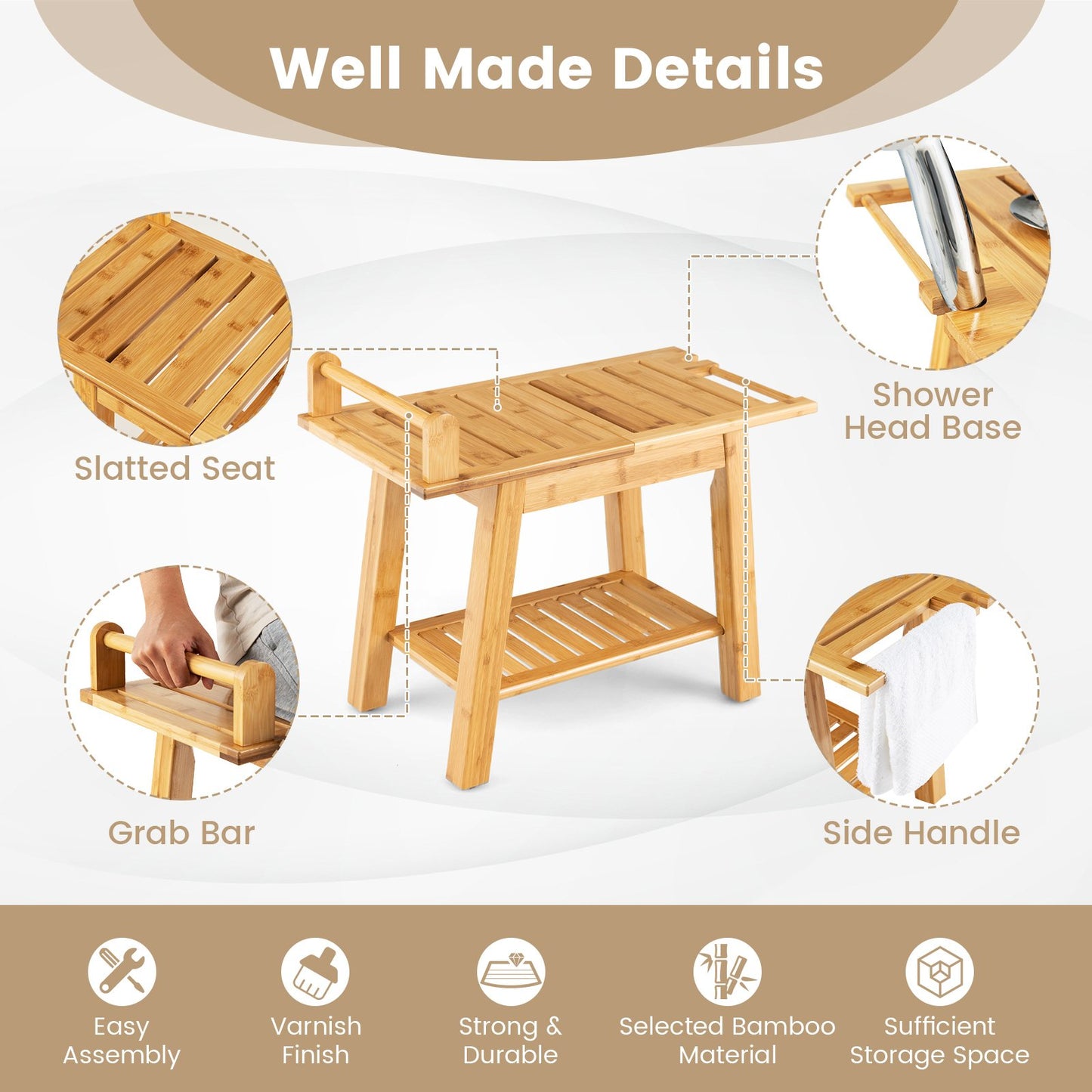 Bamboo Shower Bench with Storage Shelf