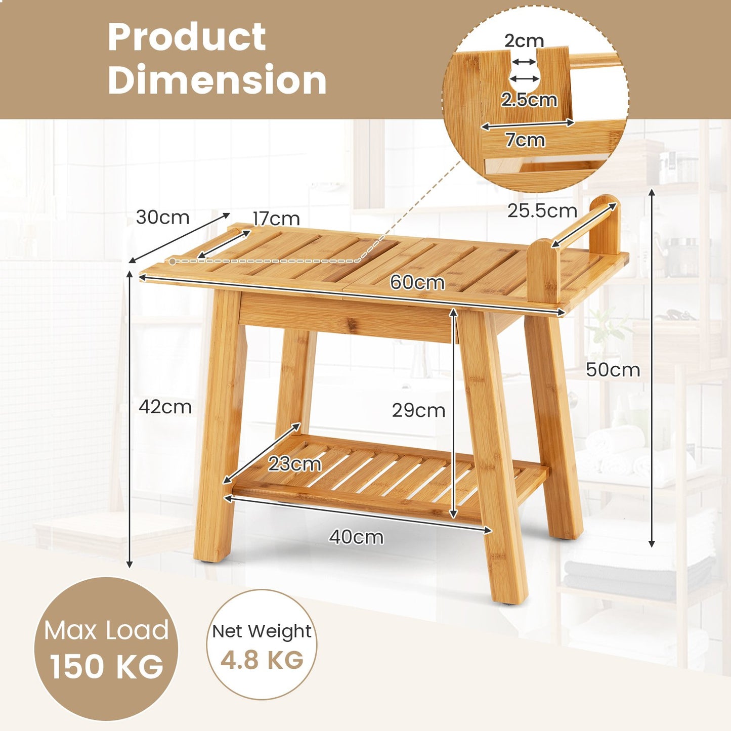 Bamboo Shower Bench with Storage Shelf
