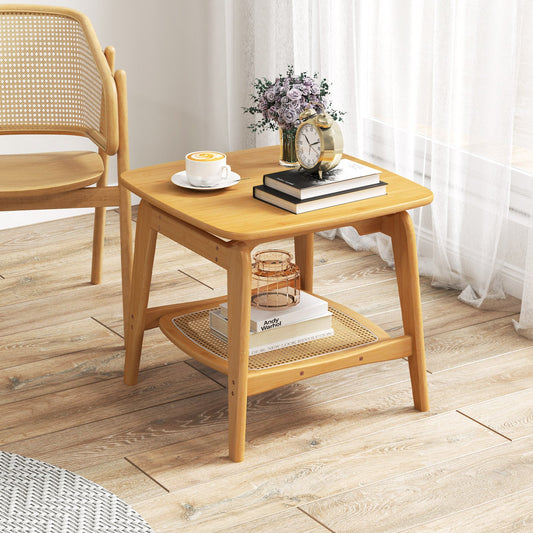 Bamboo Sofa Side Table with Faux Rattan Storage Shelf-Natural