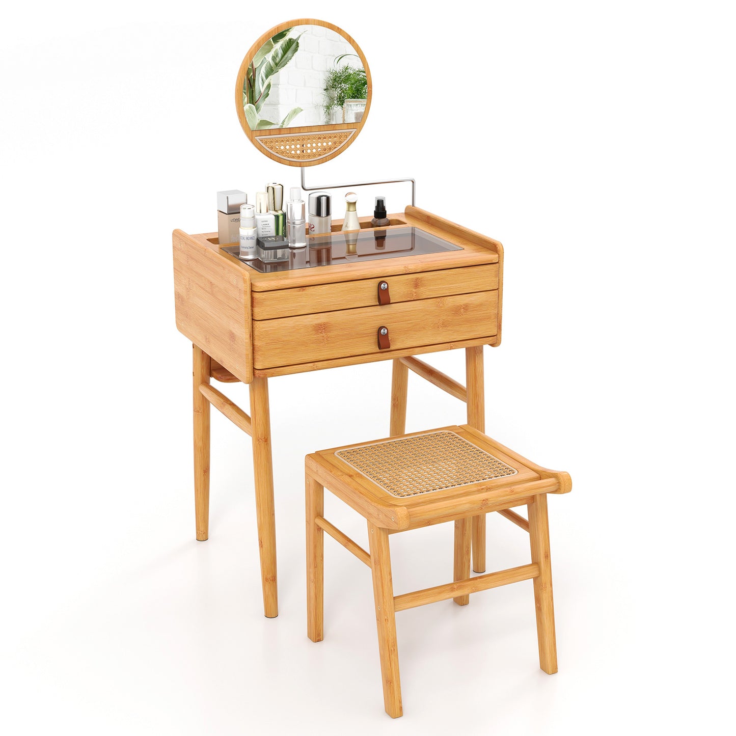 Rattan Top Bamboo Vanity Stool with Anti-slip Foot Pads-Natural