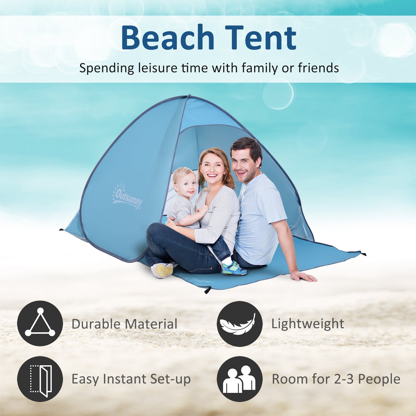 Outsunny 2-3 osobowy namiot plażowy typu pop-up, turystyczny, z ochroną UV 30+, osłona przeciwsłoneczna na patio (niebieski)