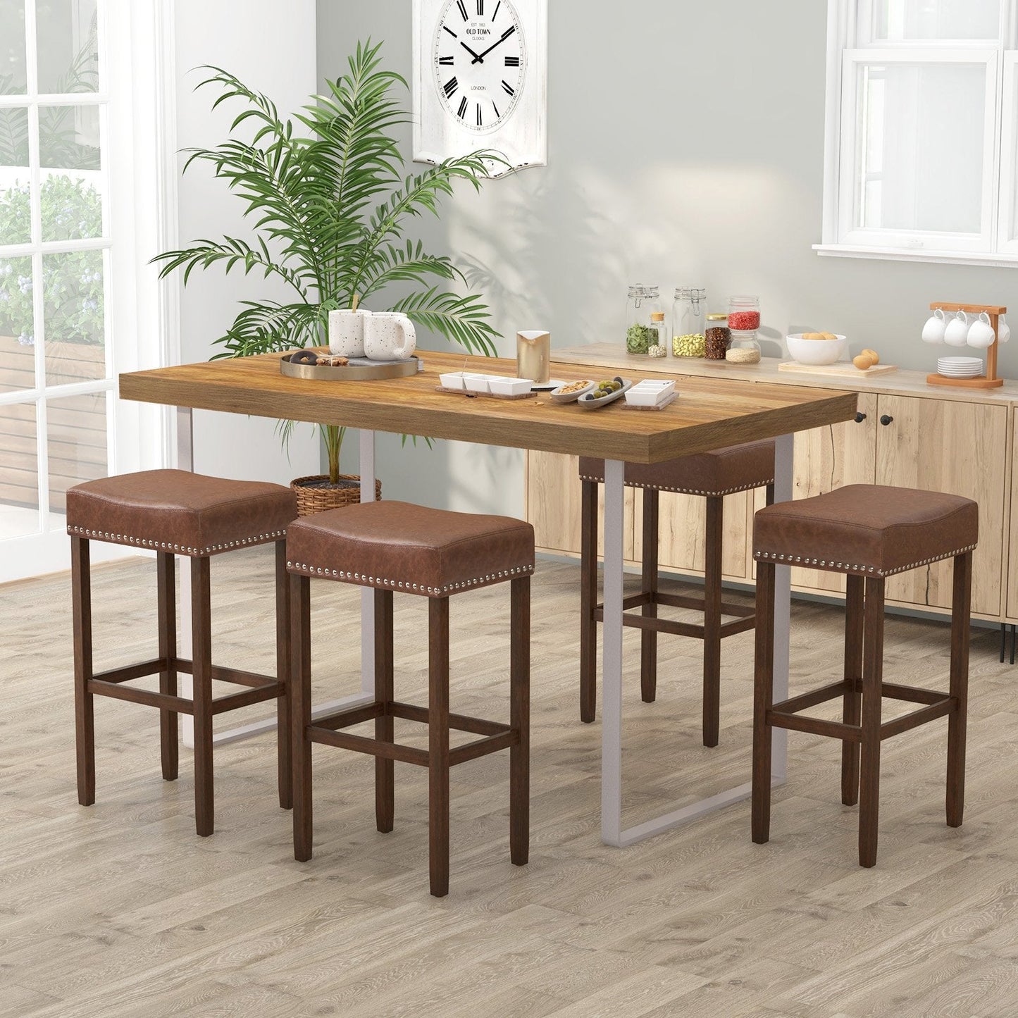 Bar Stool Set of 2 with PU Leather Upholstery Backless-Brown-74 cm
