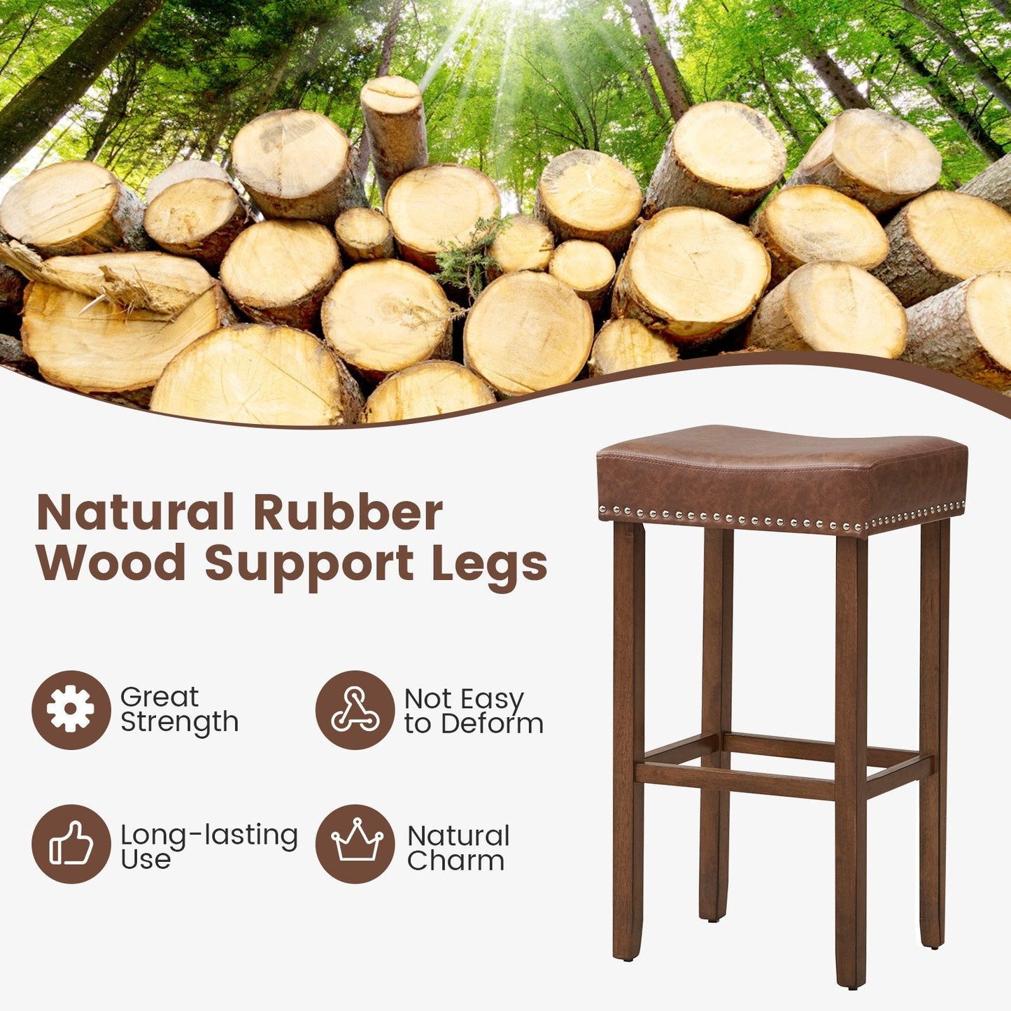 Bar Stool Set of 2 with PU Leather Upholstery Backless-Brown-74 cm