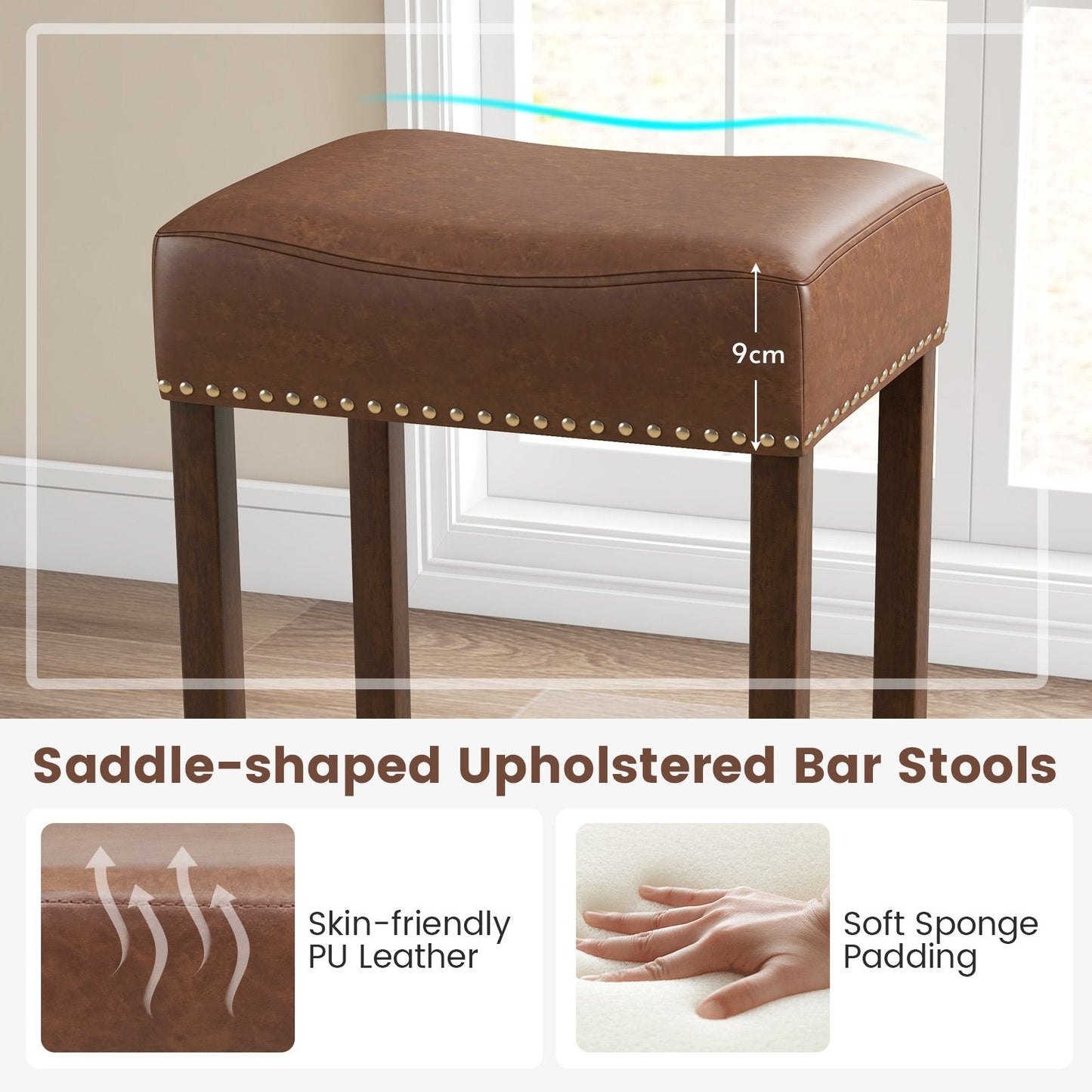 Bar Stool Set of 2 with PU Leather Upholstery Backless-Brown-74 cm