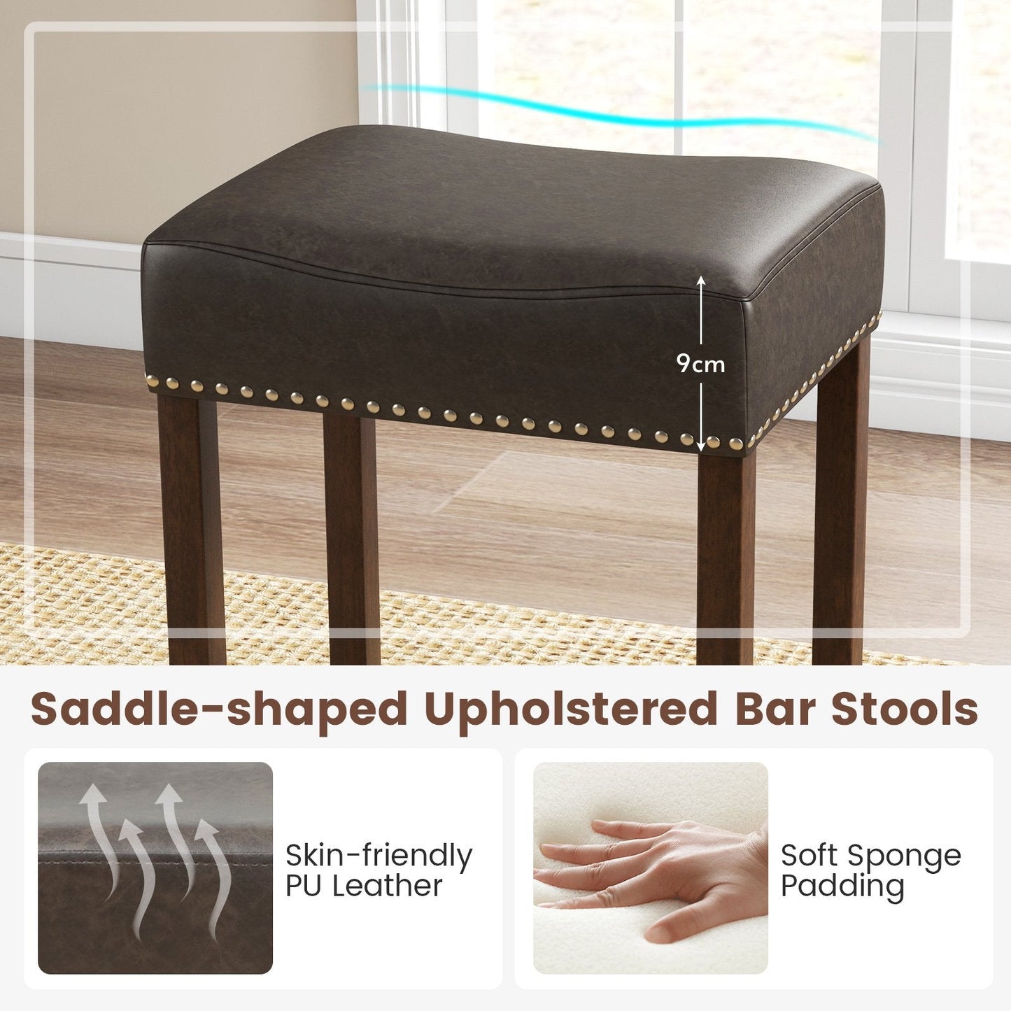 Bar Stool Set of 2 with PU Leather Upholstery Backless-Grey-74 cm