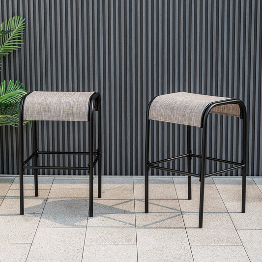 Metal Bar Height Bistro Stools Set of 2 with Curved Fabric Seat for Backyard Porch Poolside-Coffee