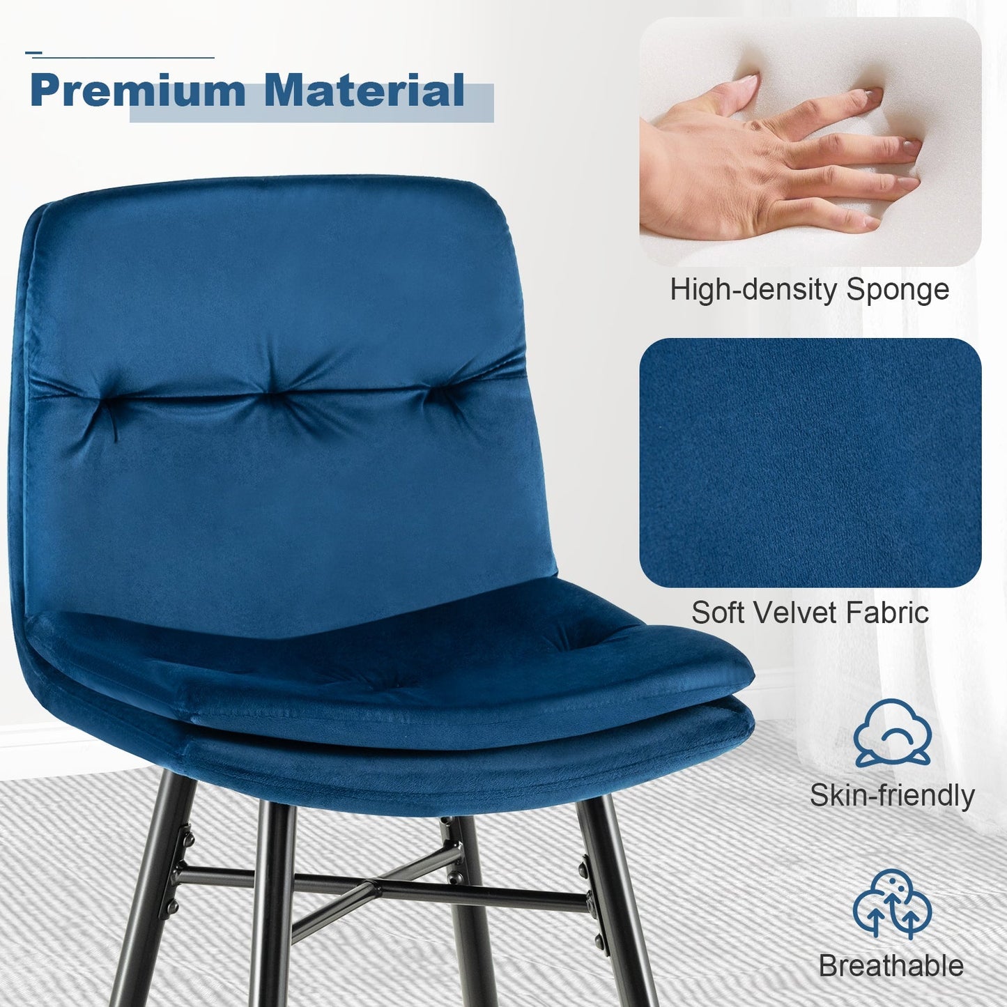 Bar Stools Set of 2 with Tufted Back, Metal Footrests and Legs-Blue