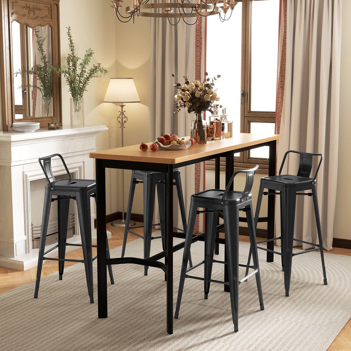 Set of 4 Metal Bar Stools 76 cm with Removable Backrest-Black