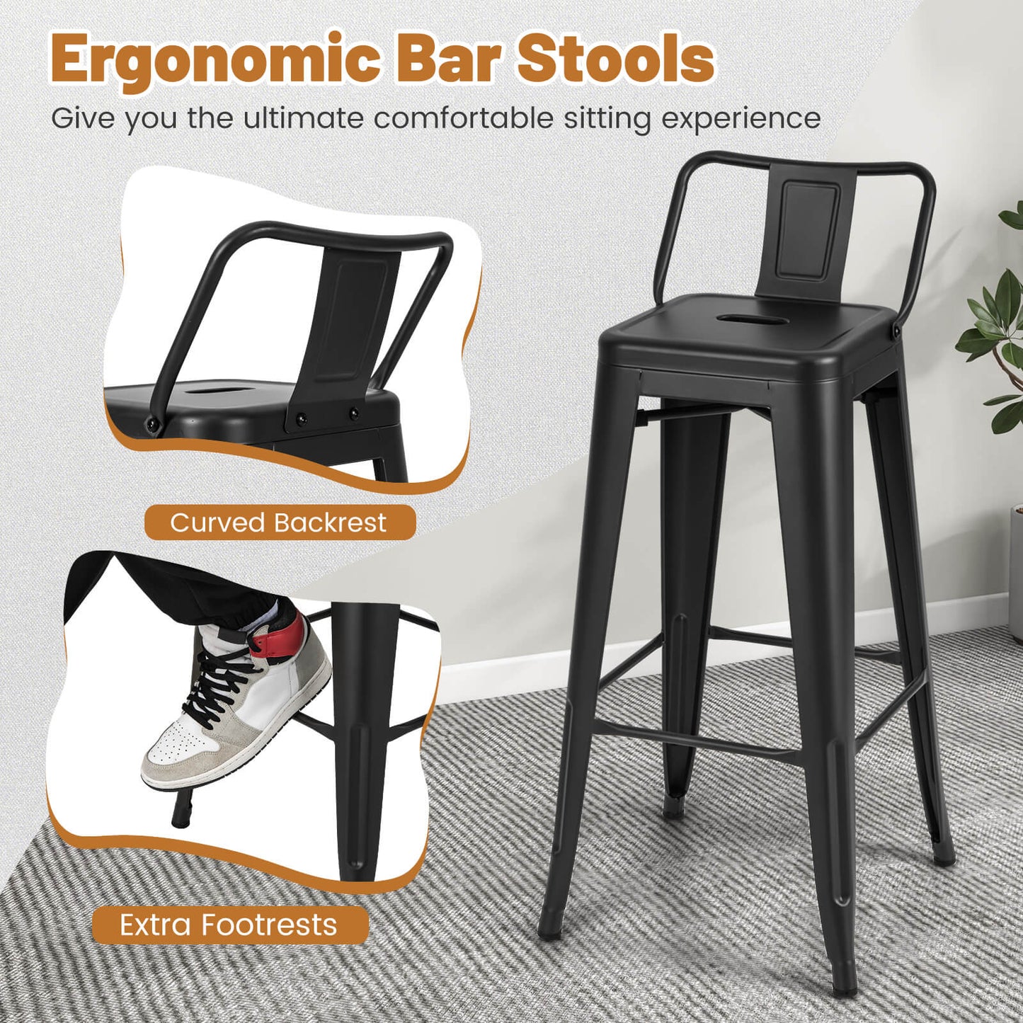 Set of 4 Metal Bar Stools 76 cm with Removable Backrest-Black