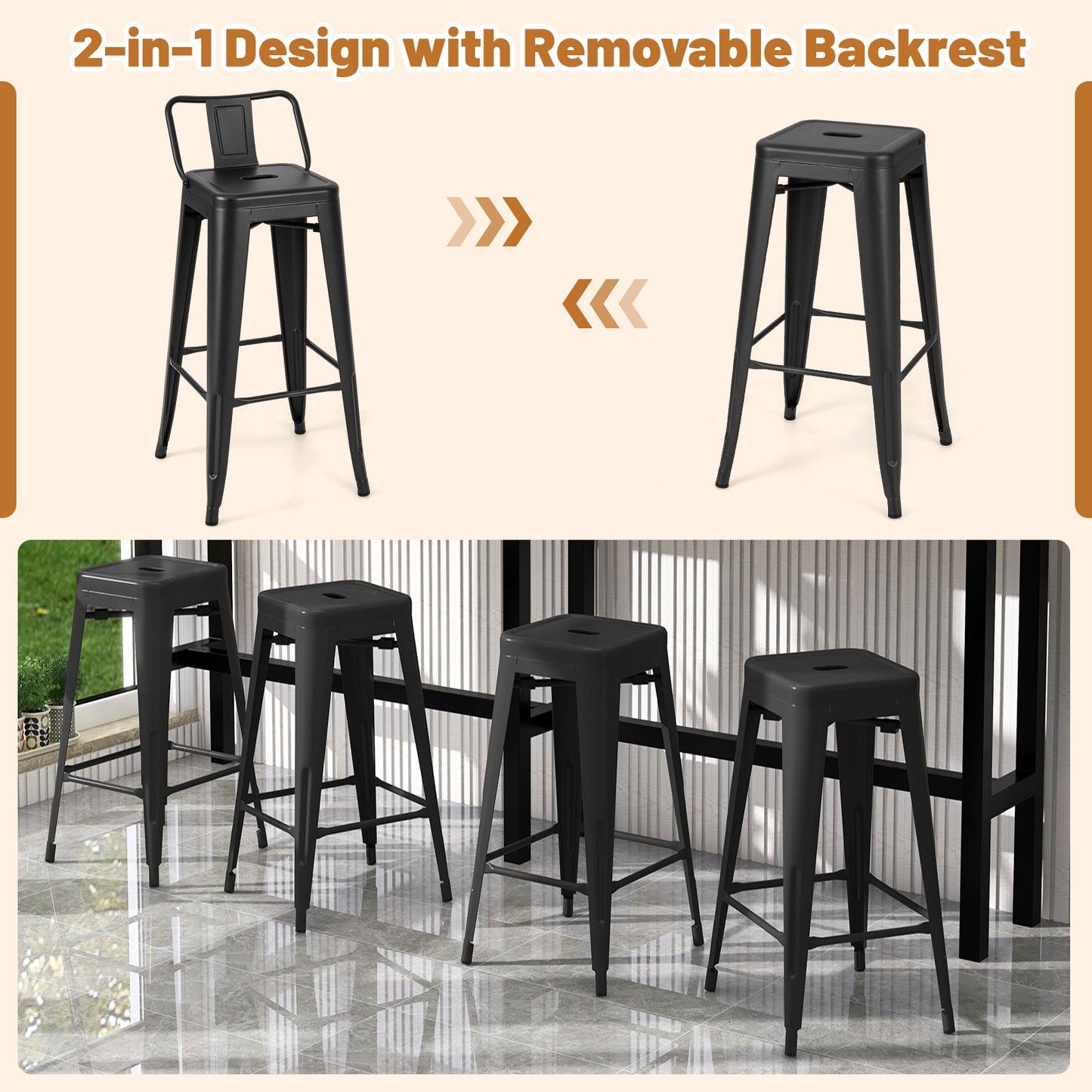 Set of 4 Metal Bar Stools 76 cm with Removable Backrest-Black