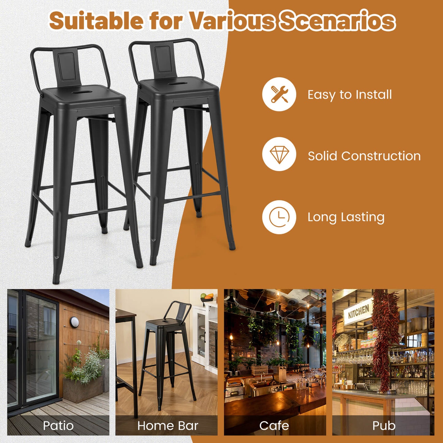 Set of 4 Metal Bar Stools 76 cm with Removable Backrest-Black