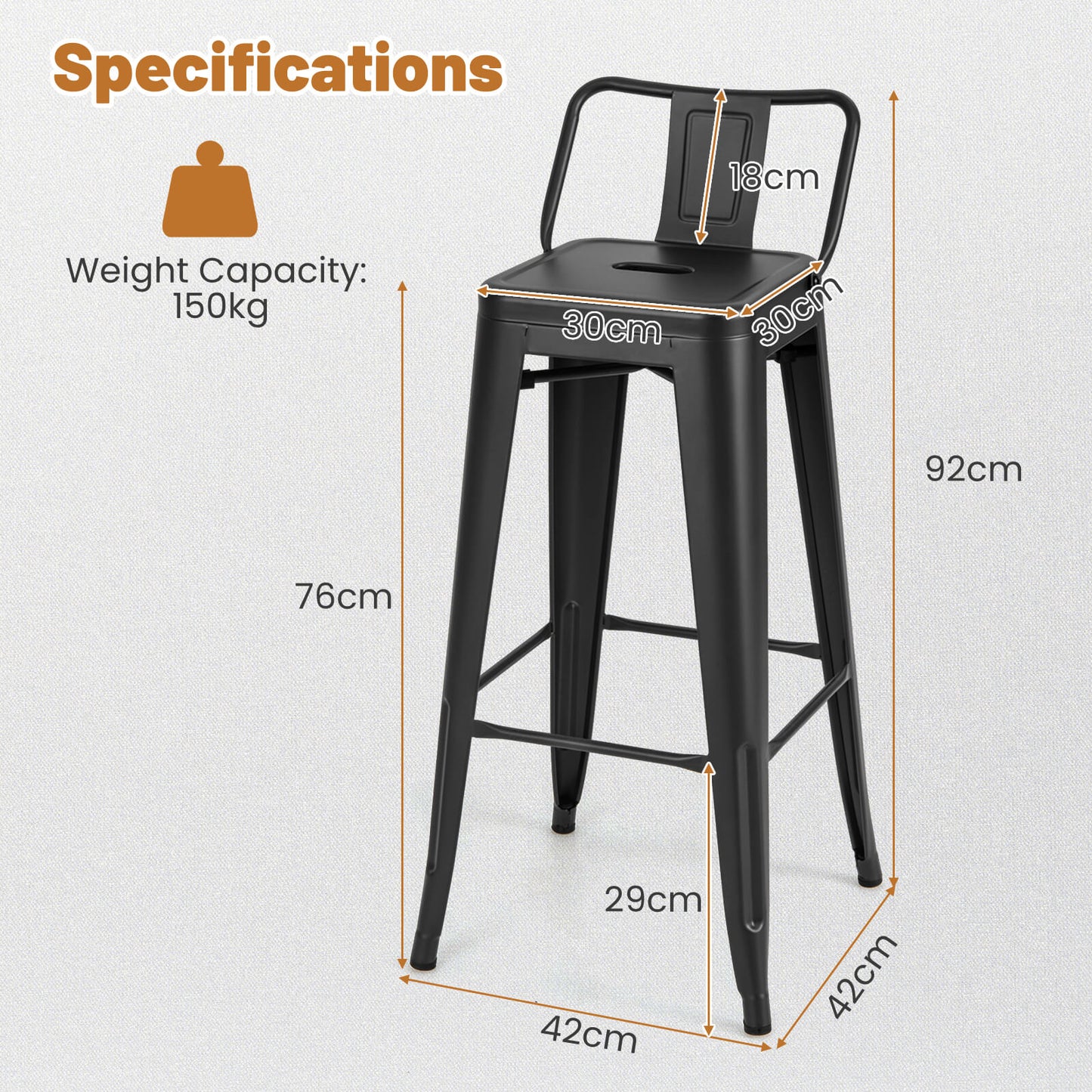 Set of 4 Metal Bar Stools 76 cm with Removable Backrest-Black