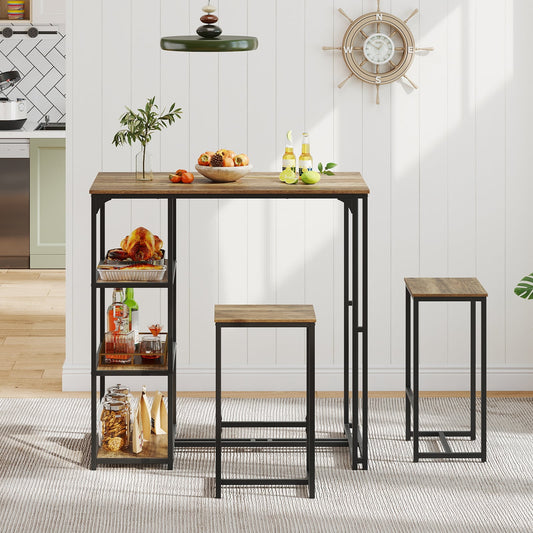 3-Piece Bar Table Set 2 Person Dining Furniture Set with 2 Stools-Brown