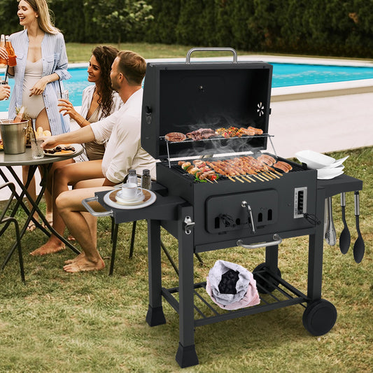 Barrel Charcoal Grill with 2 Folding Side Tables for Camping Picnic