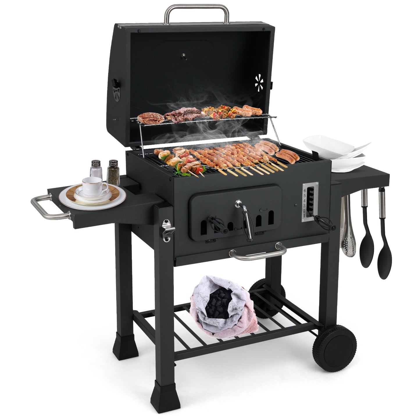 Barrel Charcoal Grill with 2 Folding Side Tables for Camping Picnic