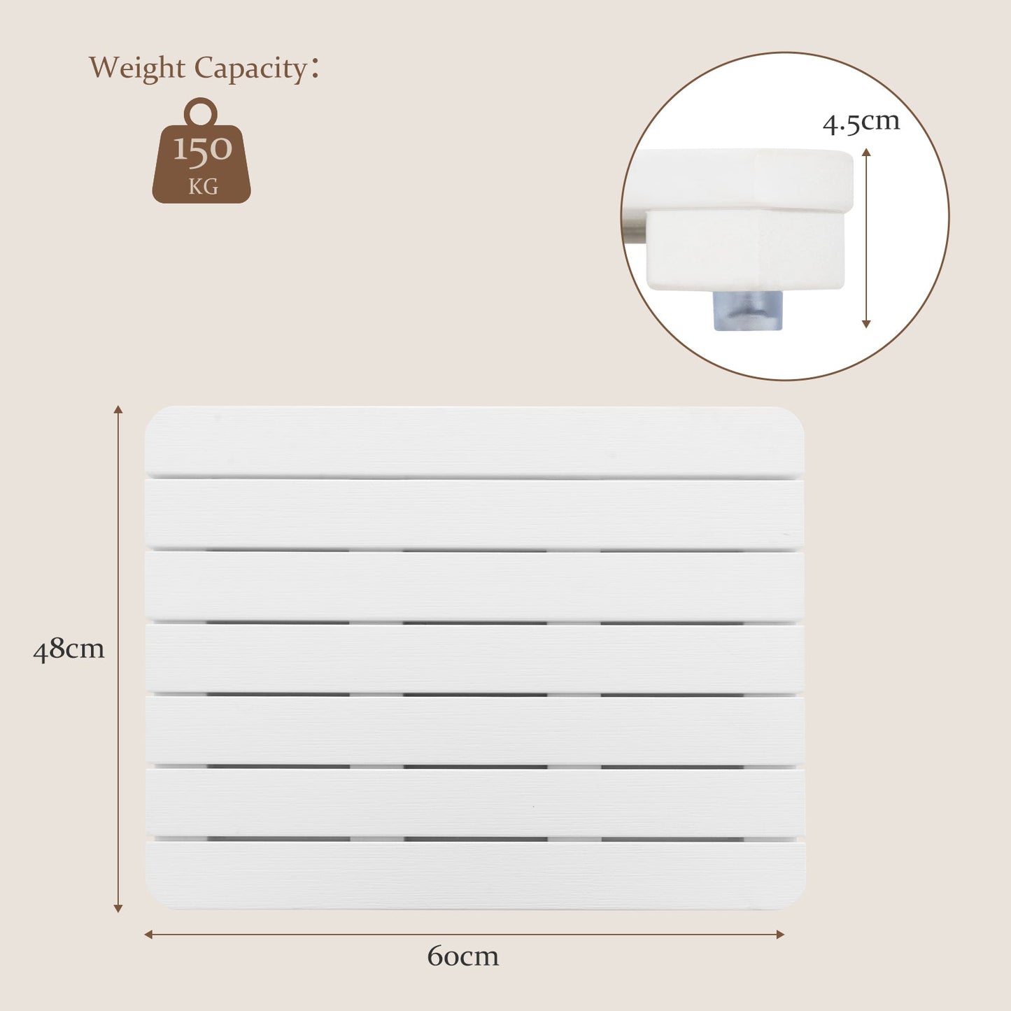 60 x 48 cm Bath Mat for Shower with Non Slip Foot Pads-White