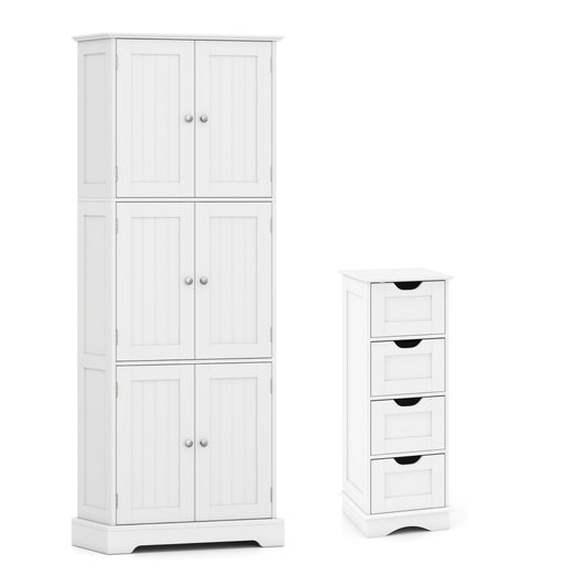 Bathroom Cabinet Set with 6-Door Tall Cabinet and 4-Drawer Cabinet-White
