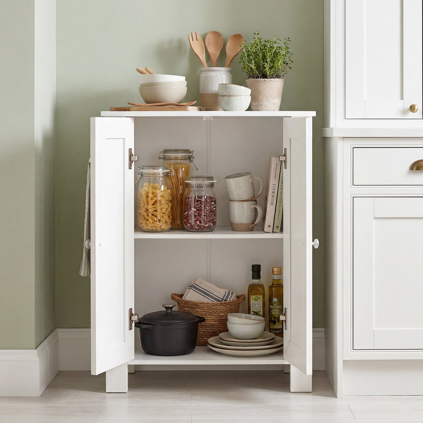 Bathroom Floor Cabinet with Double Doors Freestanding Wooden Storage-White
