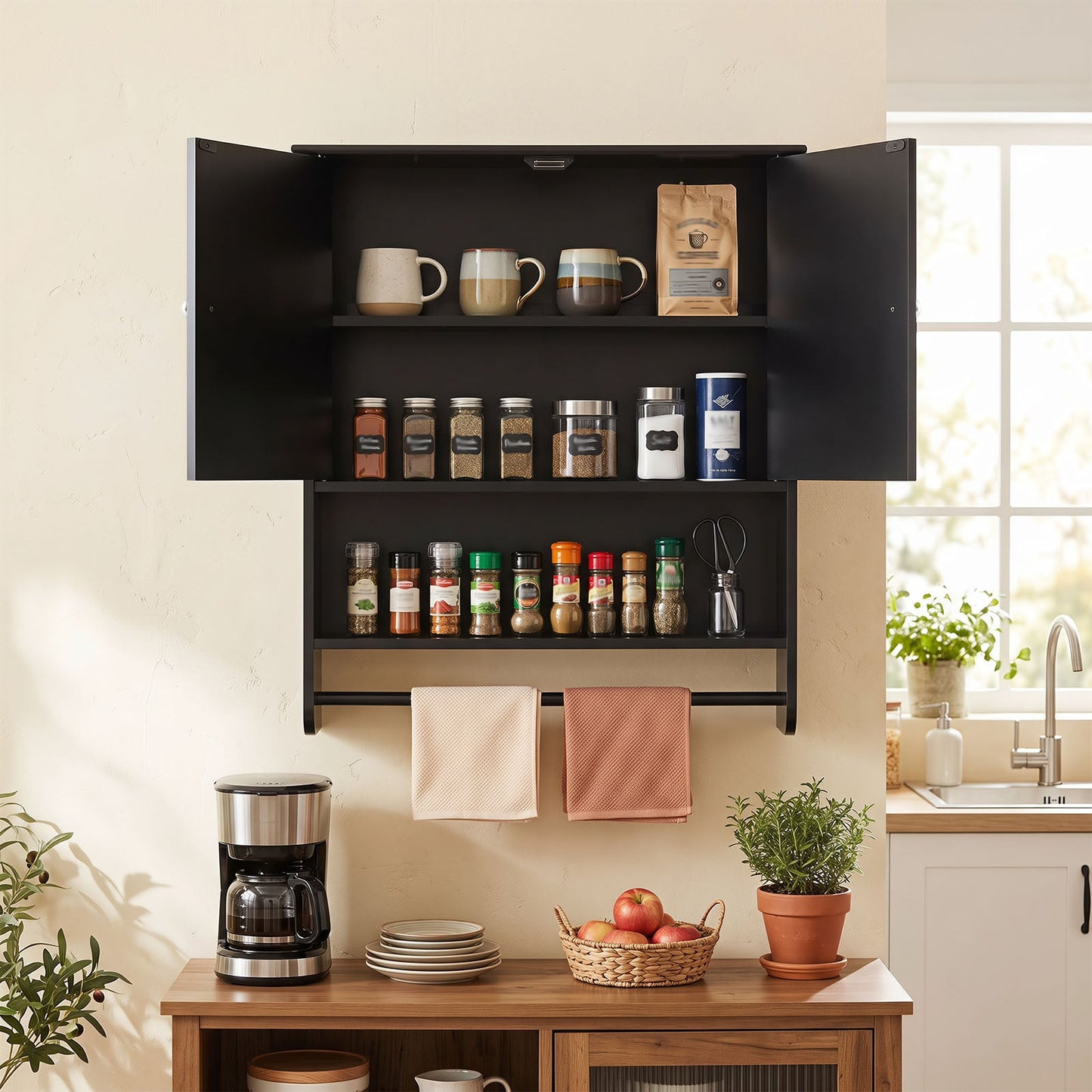 Bathroom Wall Cabinet with 2 Doors Open Shelf and Towel Bar-Black