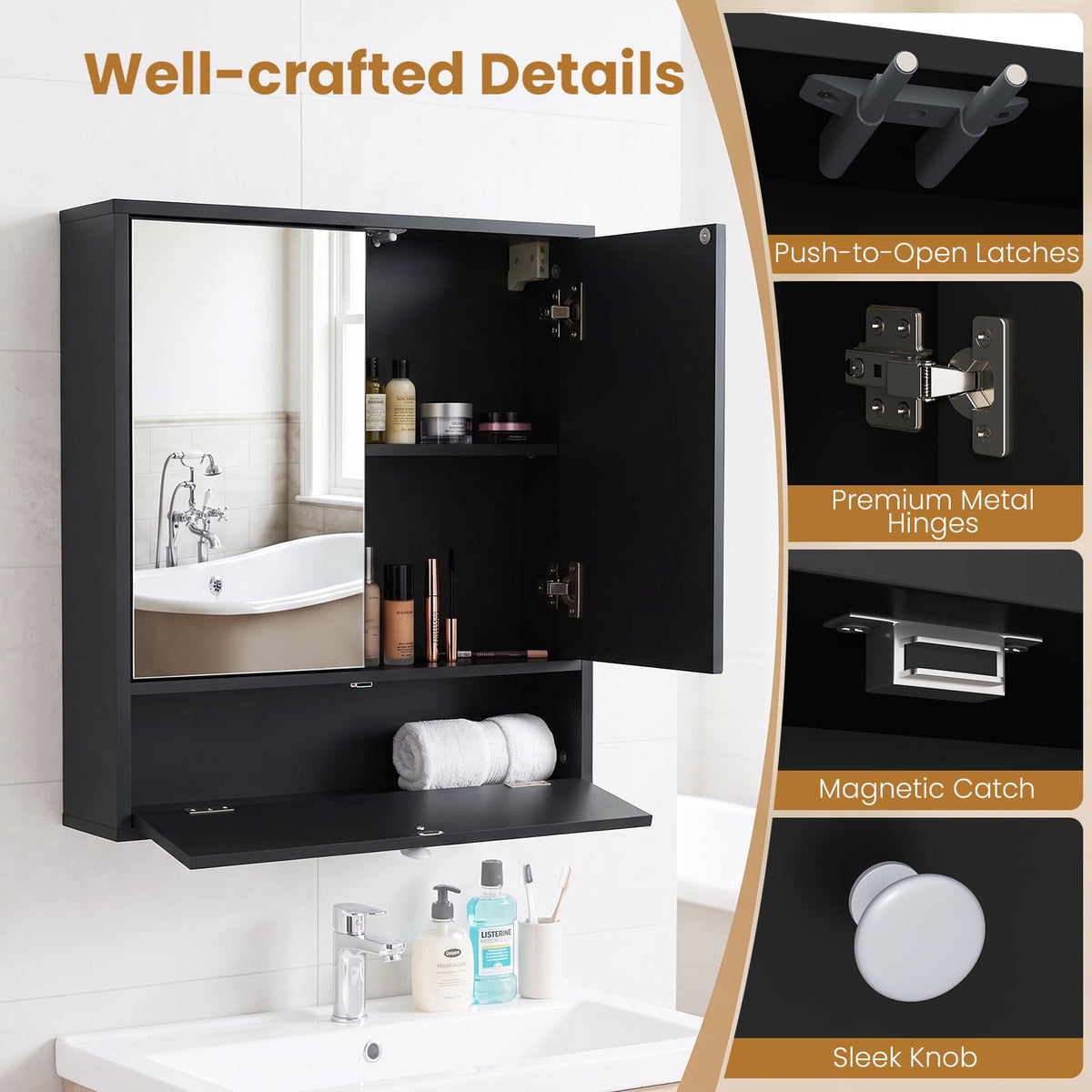 Bathroom Wall Cabinet with 2 Mirrored Doors & Flip-Down Door for Storage-Black