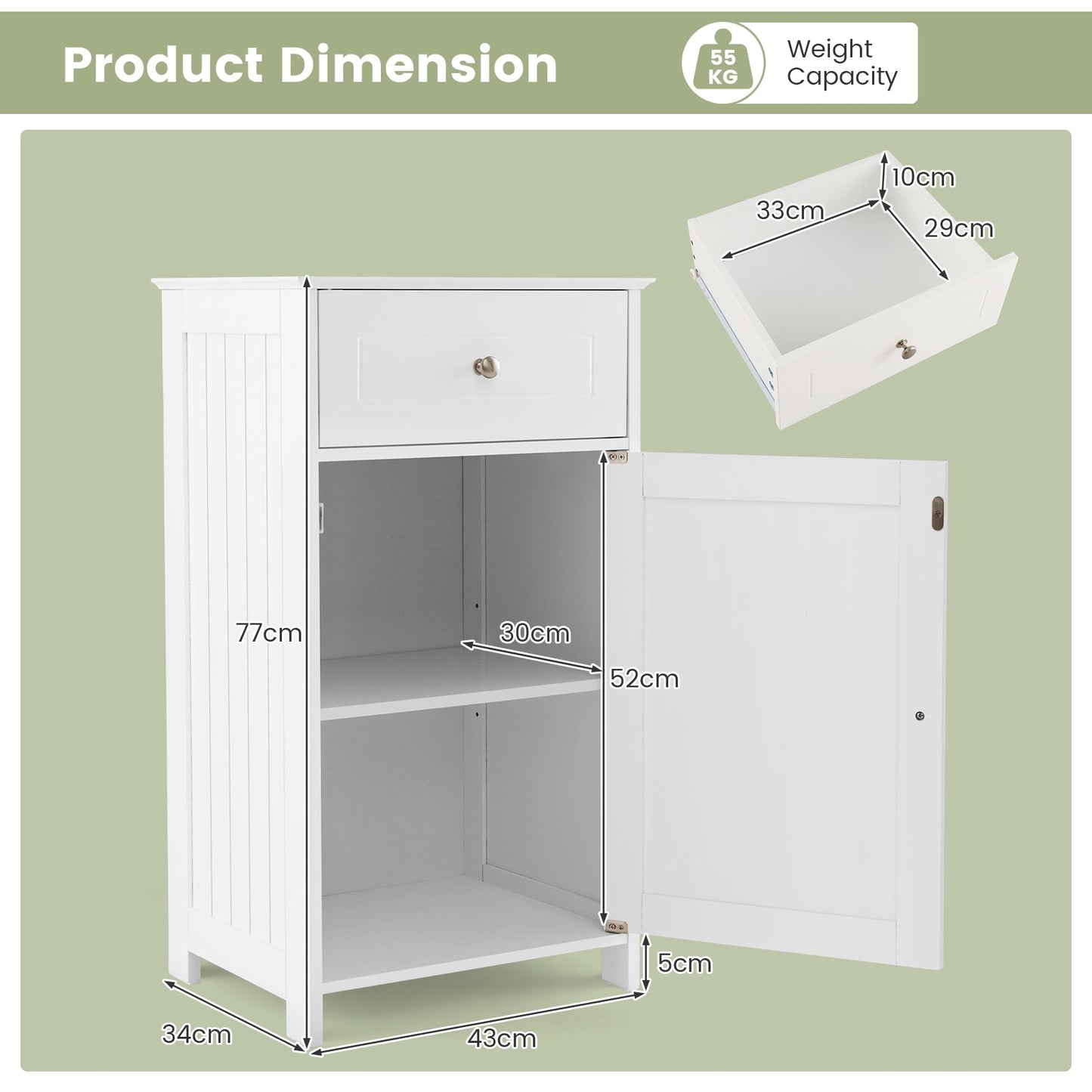 Bathroom Cabinet Floor Organizer with Single Door and Drawer-White