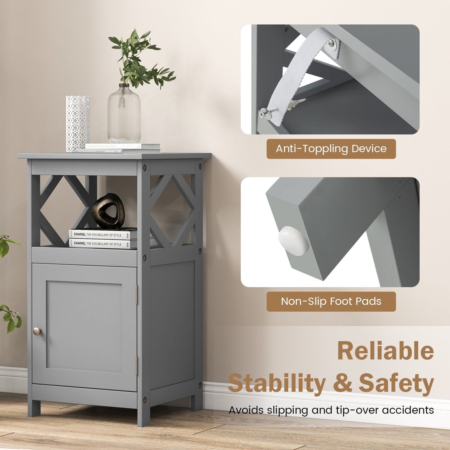 Bathroom Floor Cabinet with Open Compartment and Single Door-Grey