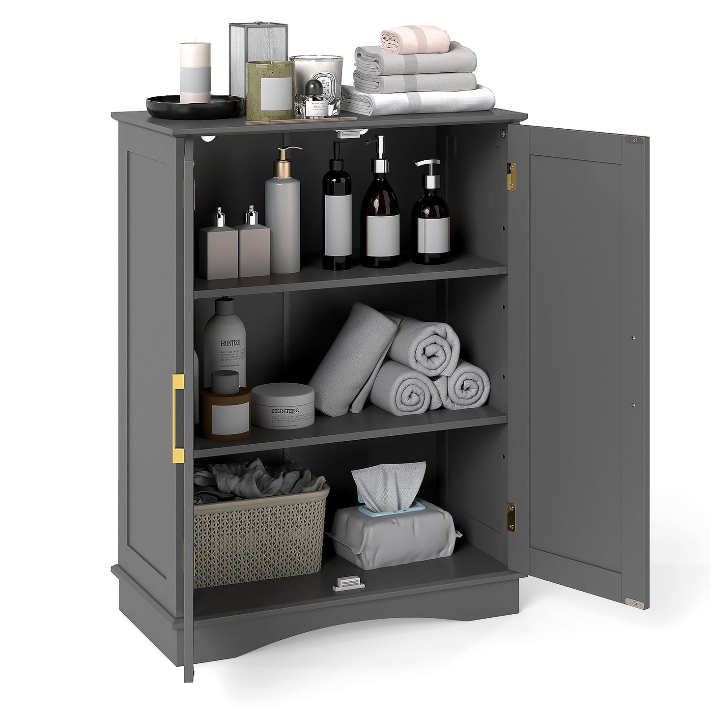 Bathroom Floor Storage Cabinet with 2 Doors and Adjustable Shelves-Grey