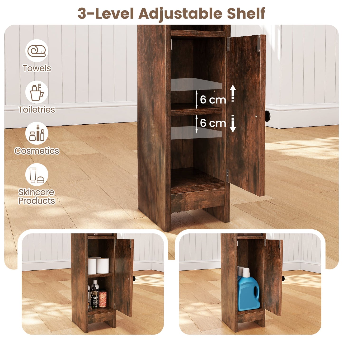 Bathroom Storage Cabinet with Door and Adjustable Shelves-Rustic Brown