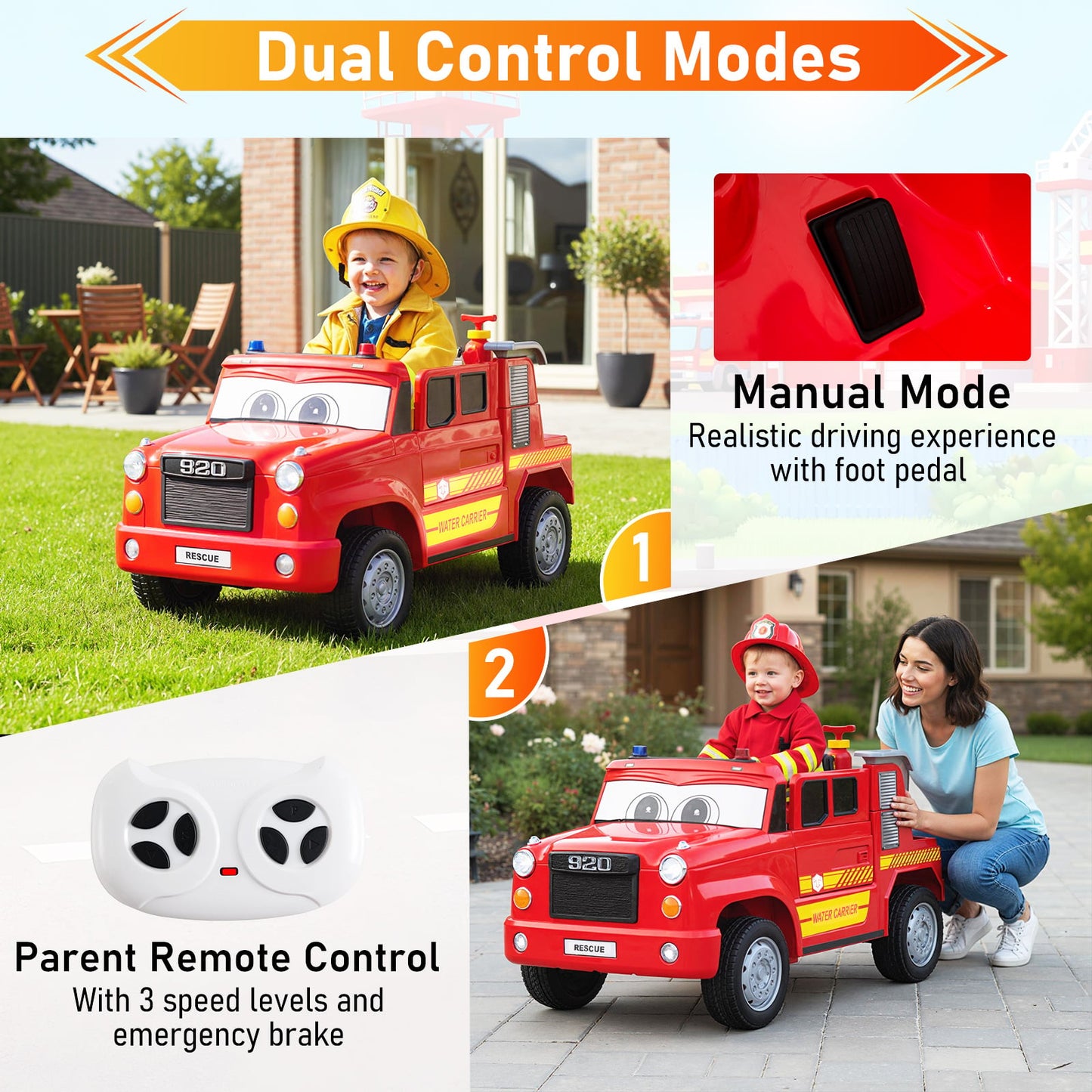 12V Battery Powered Fire Car Toy with Water Sprayer and Remote Control-Red