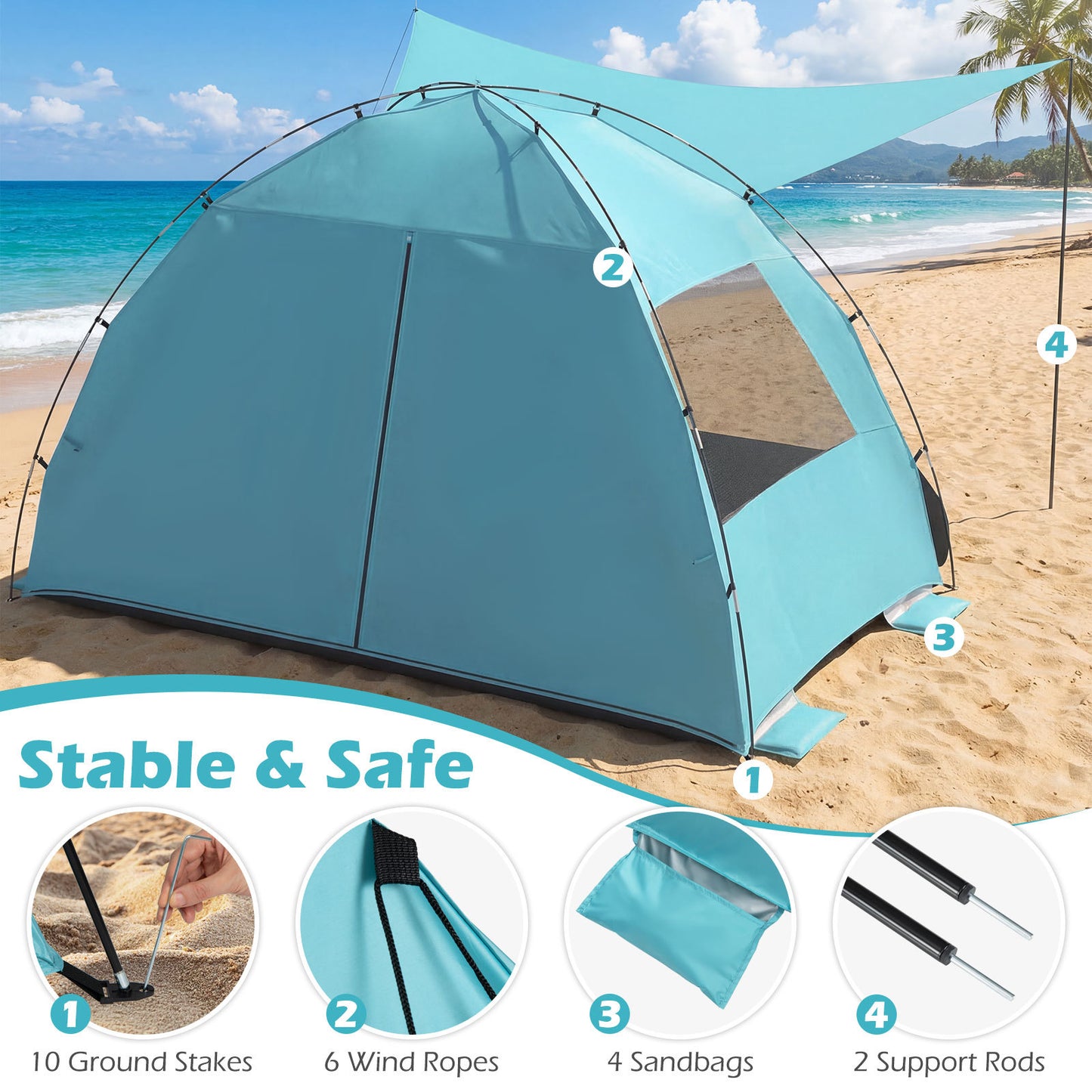 Beach Tent Sun Shelter with Canopy Carry Bag for 5-6 Person-Blue