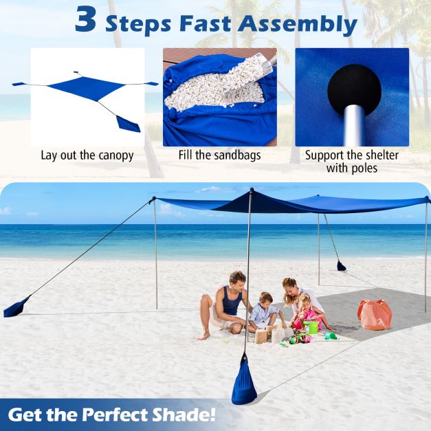 Beach Canopy Shields 300 x 300 cm Beach Tent Sun Shelter Fit 6-8 People-Blue