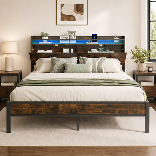Bed Frame with LED Lights and Charging Station Industrial Metal Platform Bed-King Size
