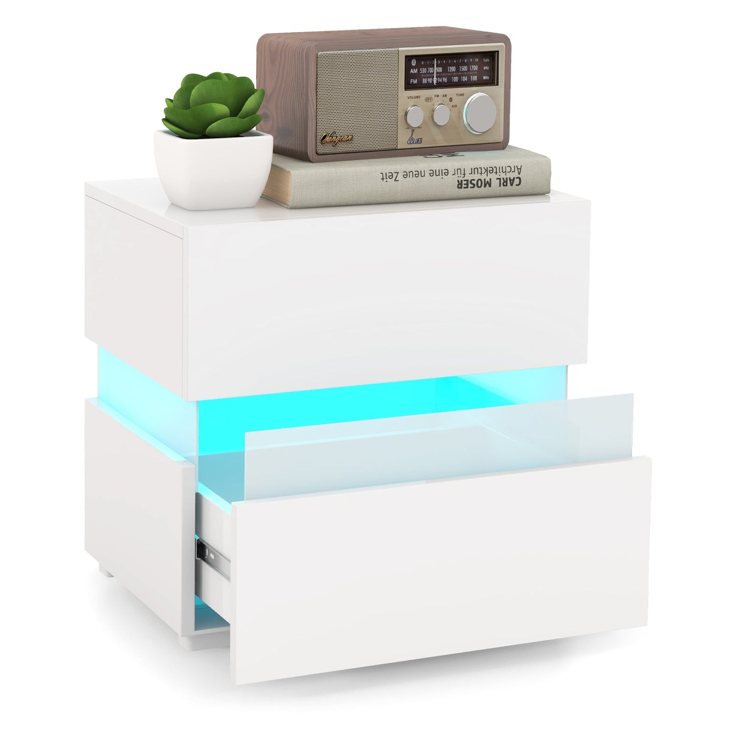 Bedside Table LED Nightstand with 2 Drawers-White