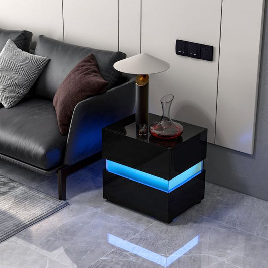 Bedside Table LED Nightstand with 2 Drawers-Black