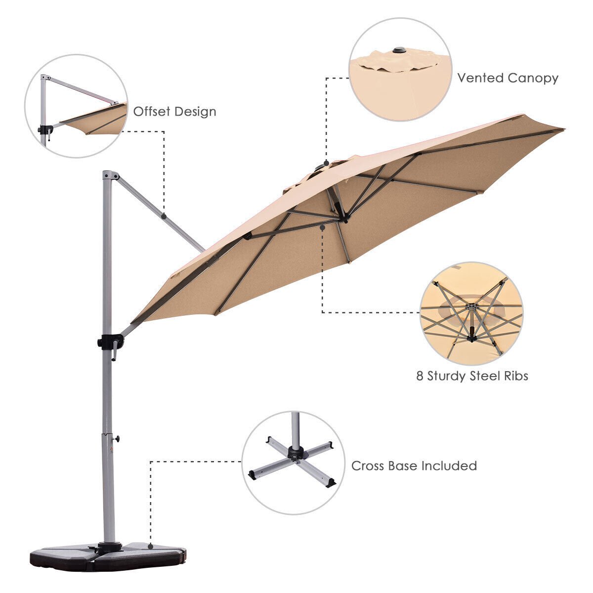 3.3m Patio Cantilever Umbrella with Tilting Adjustment and Cross base-Beige