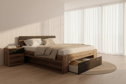 Wooden bed with storage drawers in a bright bedroom setting