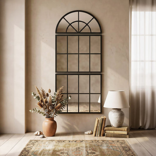 HOMCOM Large Arched Wall Mirror with Metal Grid in Black, image 2