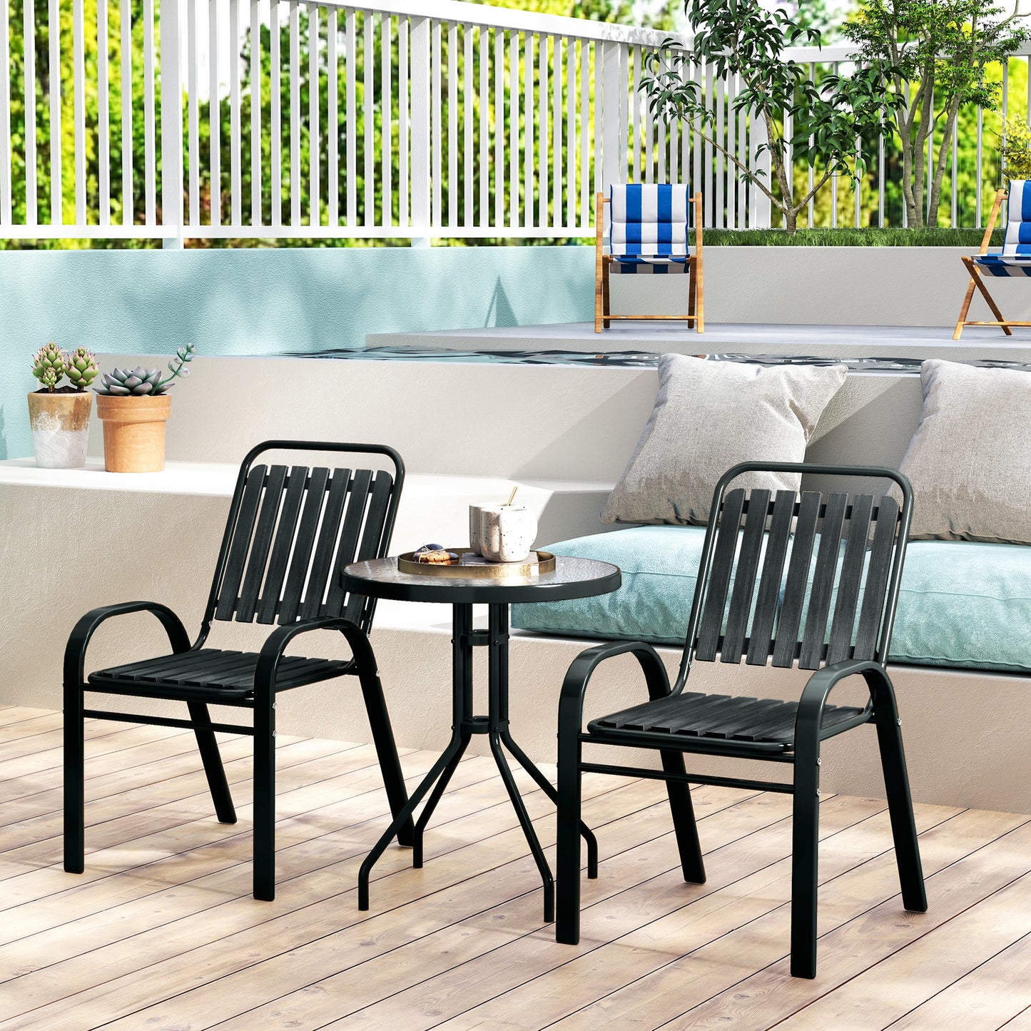 Outsunny 3-częściowy zestaw ogrodowy Bistro z krzesłami składanymi, stół ze szkła hartowanego, na zewnątrz, balkon, patio, ogród, antracyt