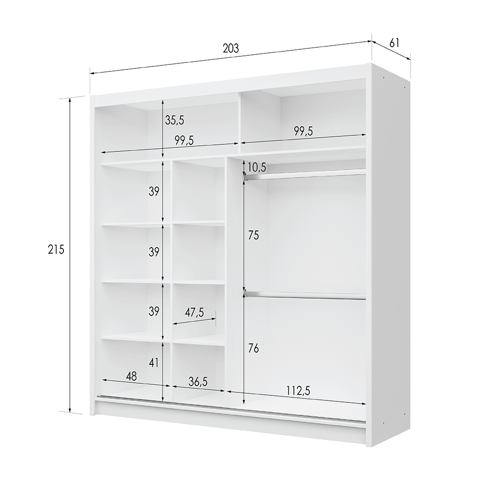 White Mirrored Sliding Door Wardrobe 203cm – NORWICH